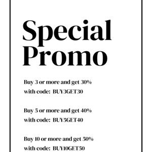Puede incluir: Texto en blanco y negro sobre un fondo blanco con un borde negro. El texto dice "Promoci&oacute;n Especial" y enumera descuentos para comprar 3, 5 o 10 art&iacute;culos o m&aacute;s con los c&oacute;digos de descuento correspondientes: BUY3GET30, BUY5GET40 y BUY10GET50.