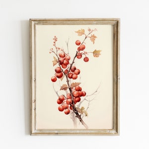 May include: A framed botanical illustration of a branch with red berries and brown leaves. The artwork is on a white background and has a light brown frame.