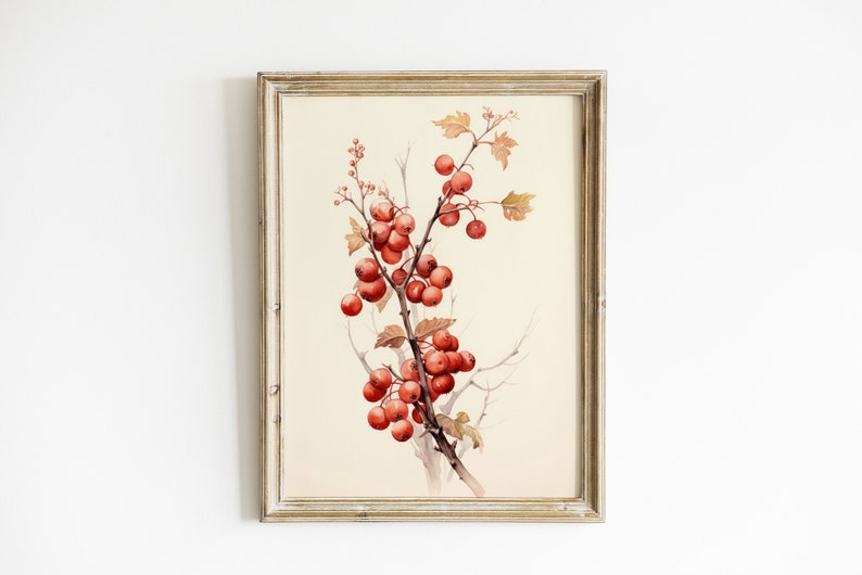 May include: A framed botanical illustration of a branch with red berries and brown leaves. The artwork is on a white background and has a light brown frame.