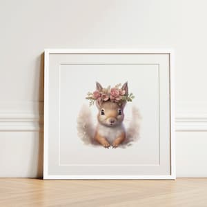 Nursery Decor Watercolor Artwork Squirrel Wall Art Print Floral Crown Woodland Animal Nursery Decor   Digital Download