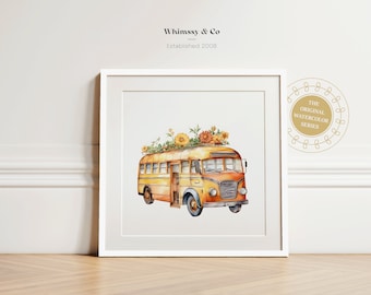 Classroom Art Nursery Decor School Bus Flower Print Vintage Bus Digital Download Nursery Decor
