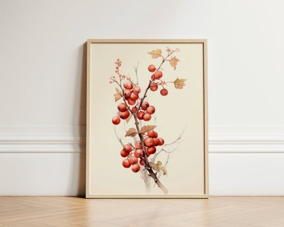Hawthorn Berries Watercolor Art Print: Fall Decor (Digital Download)