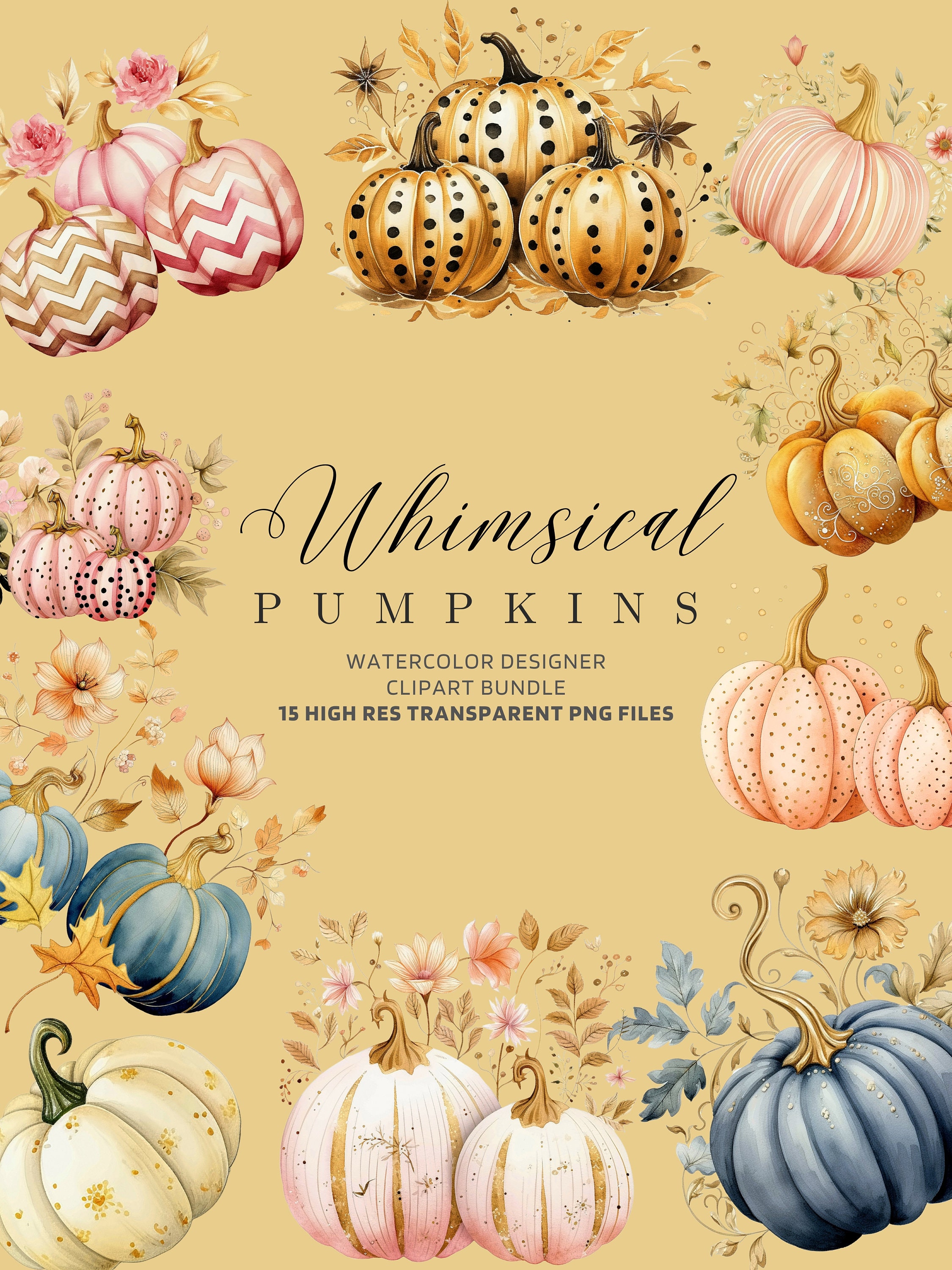 Whimsical Halloween Pastel Pumpkin Clipart Instant Download PNG Bundle Gold  Pink Halloween Pattern Included - Etsy, image size:2250x3000