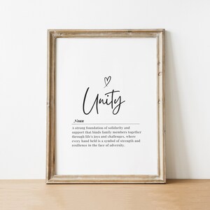 May include: A black and white printable art print with the word "Unity" in cursive script. The word is defined as a strong foundation of solidarity and support that binds family members together through life's joys and challenges.