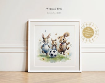 Barnrumstryck med fotbolls- och safaridjur: Sportdekoration för babyrum (digital nedladdning)