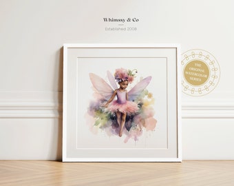 Decoración de la guardería Hada niña pared arte acuarela arte afroamericano hada princesa piel oscura rubor rosa niño dormitorio decoración