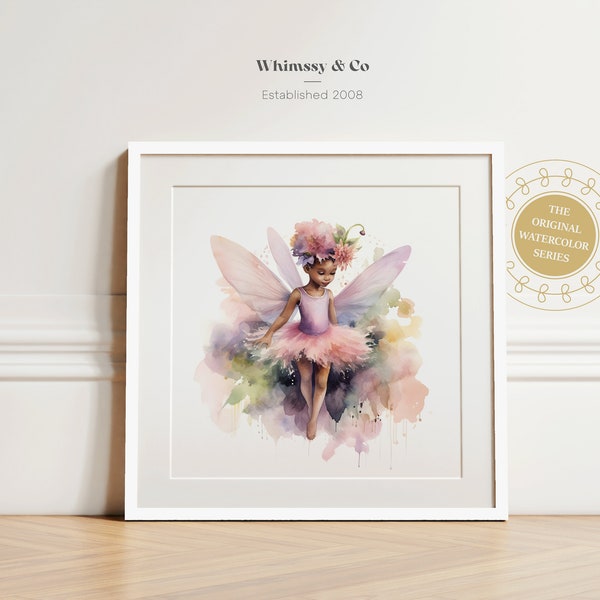 Nursery Decor Fairy Girl Wall Art Watercolor Artwork African American Fairy Princess Dark Skin Blush Pink Toddler Bedroom Decor