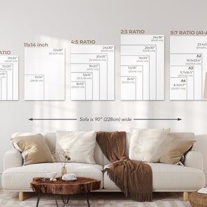 Puede incluir: Un diagrama que muestra diferentes tama&ntilde;os de impresi&oacute;n para obras de arte, con medidas en pulgadas y cent&iacute;metros. El diagrama muestra un sof&aacute; que tiene 90 pulgadas (228 cent&iacute;metros) de ancho.