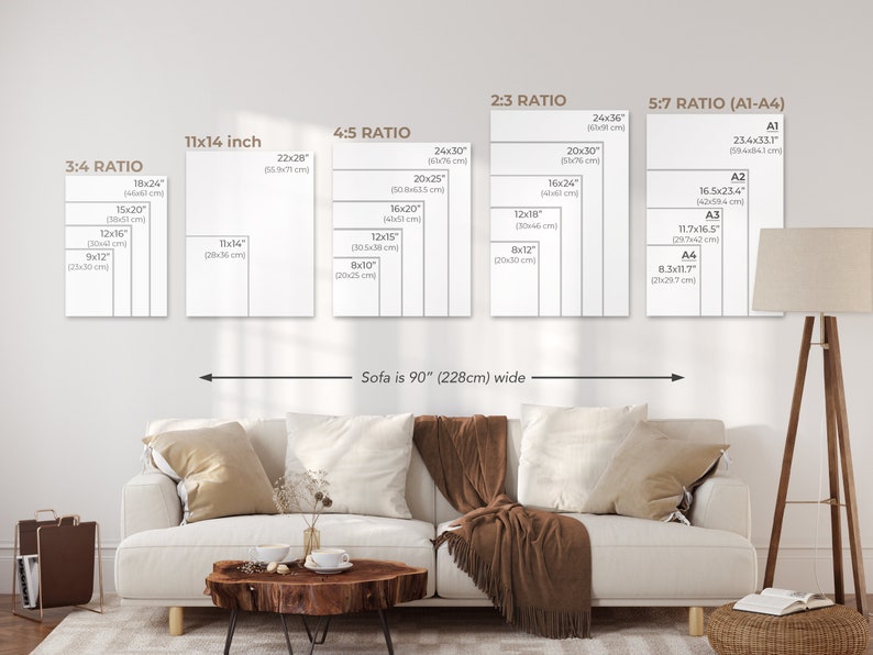 Puede incluir: Un diagrama que muestra diferentes tama&ntilde;os de impresi&oacute;n para obras de arte, con medidas en pulgadas y cent&iacute;metros. El diagrama muestra un sof&aacute; que tiene 90 pulgadas (228 cent&iacute;metros) de ancho.