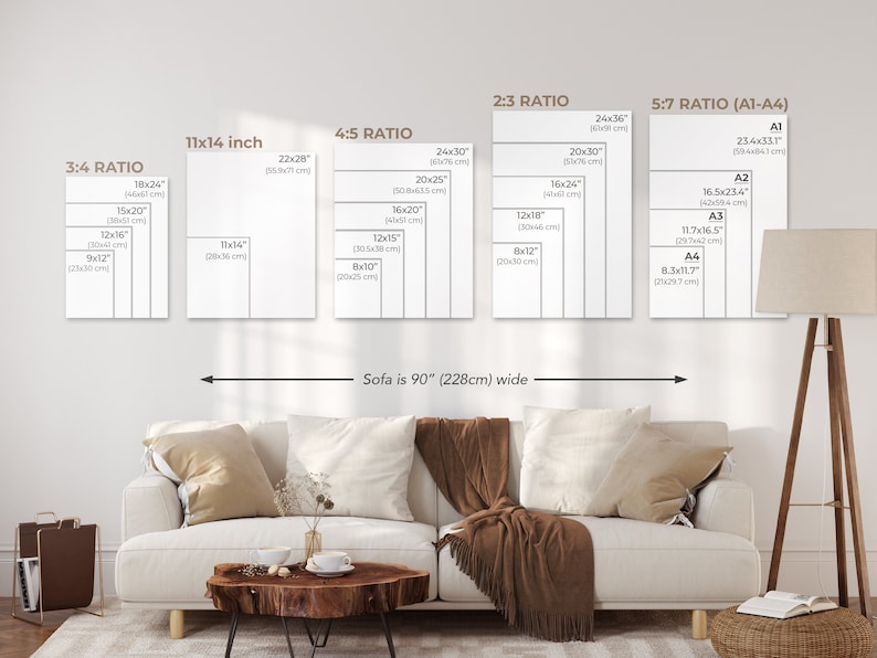 May include: A diagram showing different print sizes for artwork, with measurements in inches and centimeters. The diagram shows a sofa that is 90 inches (228 centimeters) wide.