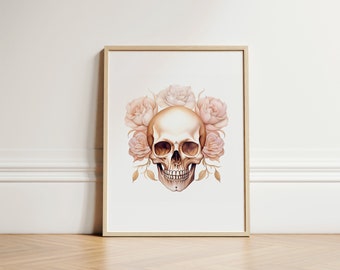 Impresión gótica de calavera floral: Ilustración de calavera en acuarela rosa (descarga digital)