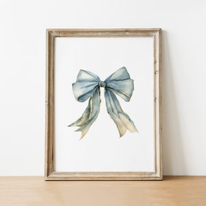 Elegant Blue Bow Watercolor Print, Digital Wall Art, Chic Home Decor, Instant Download, Preppy aesthetic wall art teen room decor