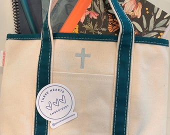 Embroidered Cross Canvas Tote Bag: Mini Open Top Tote