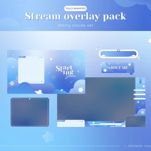 ANIMATED Blue starry clouds stream pack | Blue sky stream overlay | Vtuber star overlay | Gradient blue stream overlay | cute star overlay