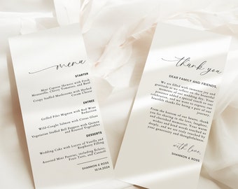 May include: Two elegant, white wedding menu and thank you cards with black script. The menu lists starters, main courses, and desserts. The thank you card includes a heartfelt message. Both cards are on a white, textured surface.