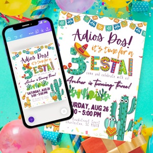 3-esta, terceiro aniversário, agradecimento GRATUITO incluído, Adios Dos three-esta Fiesta, convite digital Canva