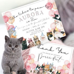 Kitten Verjaardag, Purr-fect, GRATIS Bedankt, Kitten Party, Canva Digitale Download, meisje, roze