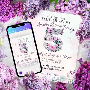 Vijfde verjaardag, vlinder, GRATIS bedankkaartje, fladderen voorbij, digitale download van canva, roze, meisje,