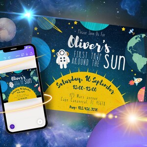 First Trip Around the Sun, First Birthday, FREE Thank You Card, Outer Space, Canva Digital Download