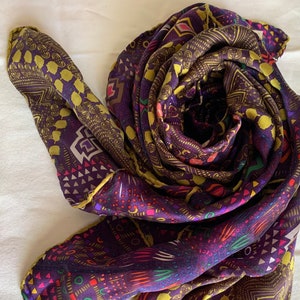 Large geometric purple silk scarf, unique design, designer scarf, vintage square scarf, silk triangle prints designer scarf