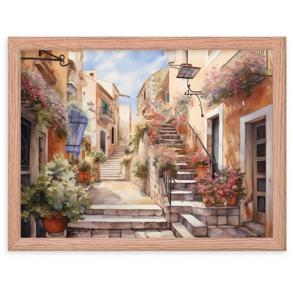 Framed Art - Italy - Watercolor Digital Framed Art | Italy Village | Lane With Houses | Flowers | Steps | Cobblestone Lane | Size - 12x16 in