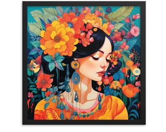 May include: A woman with long black hair is surrounded by colorful flowers. She is wearing a yellow and orange dress with blue and gold jewelry. The background is a vibrant blue.