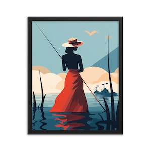 May include: A woman in a red skirt and a wide-brimmed hat stands in a lake holding a fishing rod. The lake is blue and there are reeds in the foreground. In the background, there is a small island with trees.