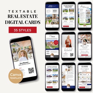 Digitaal visitekaartje onroerend goed marketingsjabloon makelaar tekstkaartsjabloon Canva open huis flyersjabloon BUNDEL rood blauw RTRB07