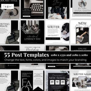 May include: A collection of 55 social media post templates for writers and content creators. The templates feature a black and white color scheme with a modern and minimalist design. The templates include text boxes for adding your own content, as well as images and icons. The templates are designed to be used on Instagram, Facebook, and other social media platforms.