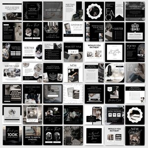May include: A collection of 36 black and white Instagram post templates for writers. The templates feature various text overlays, including "Writing Update", "New Blog Post", "Would You Rather?", "This or That?", "Giveaway", "Writer", "Poetry", "Reading Challenge", "New Chapter", "Online Writing Class", "Create Your Own Story", "What's Your Current Read?", "Podcast Title", "Download Your Free Guide", "Writing Bucketlist", "Authors That Inspire Me", "Thank You 100K Subscribers", "How To Write A Novel", "Coming Soon New Novel 20 10 30", "Writer Name", "Course Title Goes Here", "Subscribe To Our Newsletter", "Header Goes Here", "Story Is Metaphor For Life And Life Is Lived In Time", "Frequently Asked Question", "Find Your Way In Writing", "Sale", "Writers Club", "Writing Podcast Quick Topic", "International Literacy Day", "Basic Author Content".