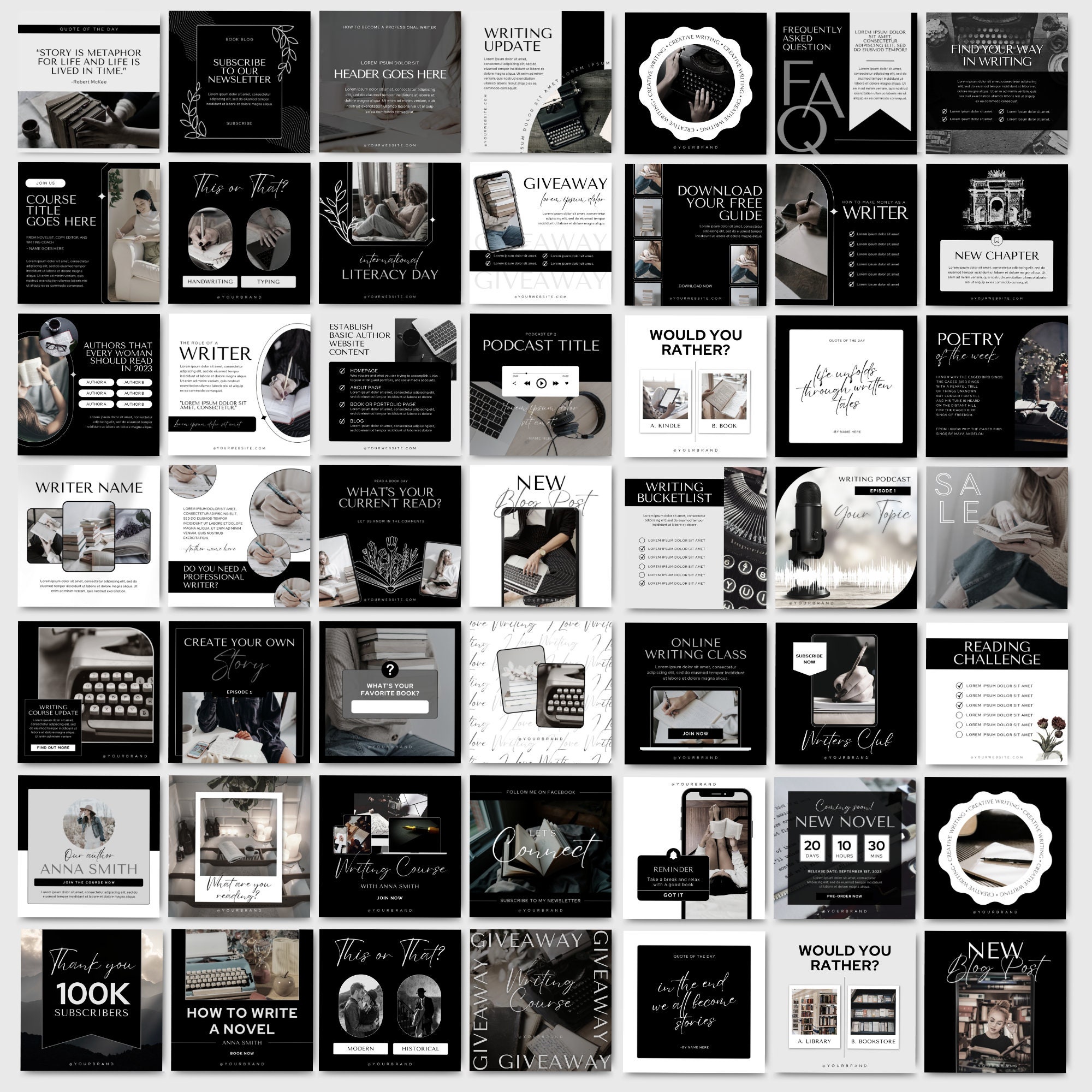 Black & White Instagram Templates for Authors | Minimalist Canva Social ...