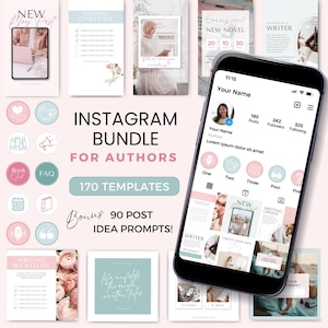 Puede incluir: Un paquete de Instagram para autores, con 170 plantillas y 90 ideas de publicaciones. El diseño incluye elementos rosas, blancos y turquesas, con maquetas de historias de Instagram y una interfaz telefónica. El texto incluye "New Blog Post" y "Coming soon! New Novel."