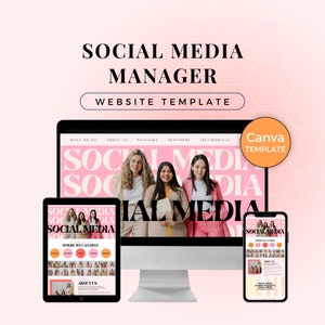 May include: A website template for social media managers, shown on a desktop computer, tablet, and smartphone. The design features the text "SOCIAL MEDIA MANAGER" and "WEBSITE TEMPLATE". The colour scheme is pink and white, with images of three women.