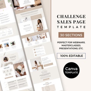 Può includere: Un modello Canva per una pagina di vendita di una sfida con 30 sezioni. Il modello è perfetto per webinar, masterclass, presentazioni e altri eventi online. Il modello è modificabile al 100% e presenta un design minimalista con uno schema di colori beige e bianco.