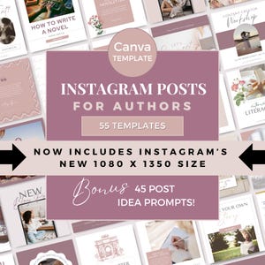 Può includere: Un modello di progettazione grafica rosa e bianco per i post di Instagram per gli autori. Il modello include 55 modelli e 45 suggerimenti per le idee dei post. Il testo "Instagram Posts for Authors" è in un carattere grande e in grassetto. Il testo "55 Templates" è in un carattere più piccolo. Il testo "Now Includes Instagram's New 1080 x 1350 Size" è in un carattere più piccolo. Il testo "Bonus 45 Post Idea Prompts!" è in un carattere più piccolo.