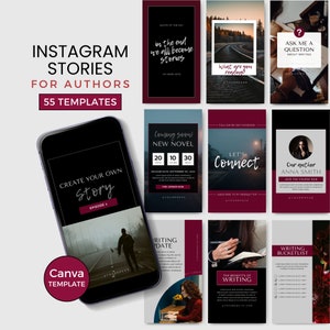 Puede incluir: Una colección de 55 plantillas de historias de Instagram para autores, que presentan una variedad de diseños con acentos negros y burdeos. Las plantillas incluyen citas, consejos de escritura, ideas de promoción de libros y elementos de marca de autor. El texto "Instagram Stories for Authors 55 Templates" se muestra en la parte superior de la imagen.