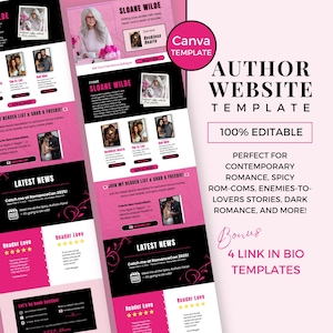 Romance auteur-websitesjabloon voor canva | Pittig-romantisch ontwerp van auteurssite | Felroze websitesjabloon voor romanschrijvers | HP0225
