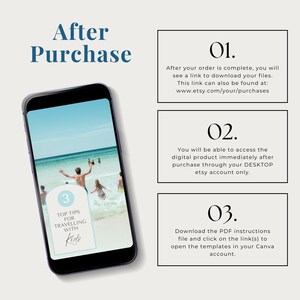 May include: A smartphone screen displaying a Canva template for a travel blog post with the text "Top Tips for Traveling with Kids". The template is a light blue color with white text. The background of the template is a photo of a beach with people swimming in the water.