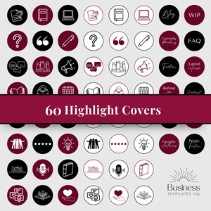 Pu&ograve; includere: Un set di 60 copertine per Instagram highlight in bianco e nero con accenti bordeaux. Le copertine presentano varie icone relative a libri, lettura, scrittura e podcasting. Il testo "60 Highlight Covers" &egrave; visualizzato in bianco su uno sfondo bordeaux.