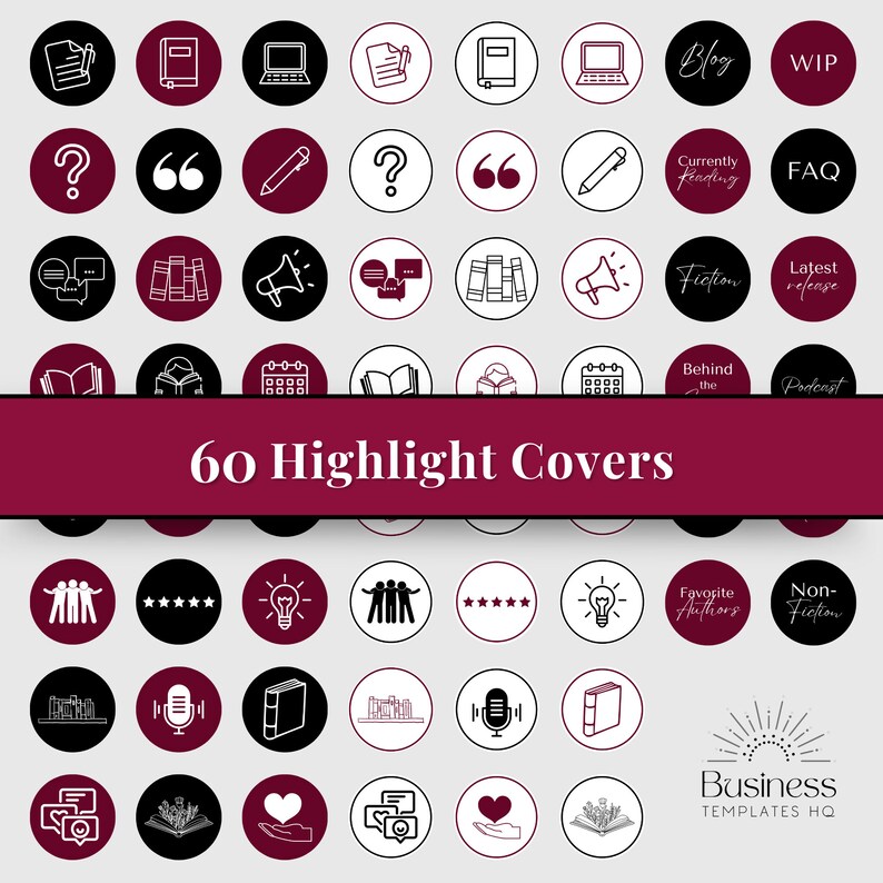 Pu&ograve; includere: Un set di 60 copertine per Instagram highlight in bianco e nero con accenti bordeaux. Le copertine presentano varie icone relative a libri, lettura, scrittura e podcasting. Il testo "60 Highlight Covers" &egrave; visualizzato in bianco su uno sfondo bordeaux.