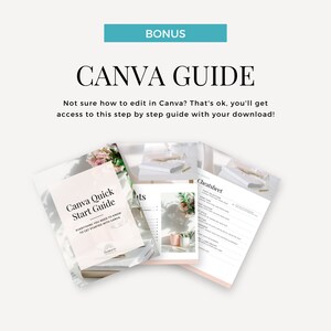 May include: A Canva Quick Start Guide and Cheatsheet with tips and tricks for using the design platform. The guide is pink and white with a sun graphic and the text "Canva Quick Start Guide" and "Everything you need to know to get started with Canva". The cheatsheet is pink and white with the text "Cheatsheet" and a list of Canva features.