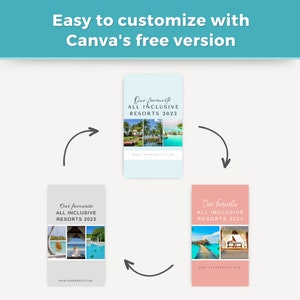 May include: Three different versions of a social media post template for an all-inclusive resort. Each version has a different background color: light blue, gray, and pink. The text on each post reads "Our favorite ALL INCLUSIVE RESORTS 2023". Each post features a collage of photos of tropical resorts.