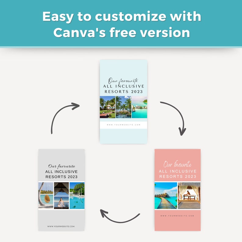 May include: Three different versions of a social media post template for an all-inclusive resort. Each version has a different background color: light blue, gray, and pink. The text on each post reads "Our favorite ALL INCLUSIVE RESORTS 2023". Each post features a collage of photos of tropical resorts.