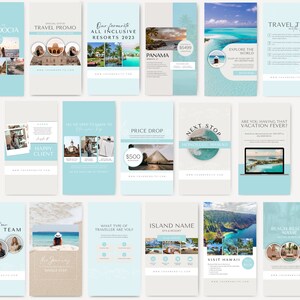 May include: A collection of 12 Instagram story templates for travel businesses. The templates feature a blue and white color scheme with images of beaches, resorts, and travel destinations. The text on the templates includes phrases like "Travel Promo", "Price Drop", "Next Stop", and "Visit Hawaii".