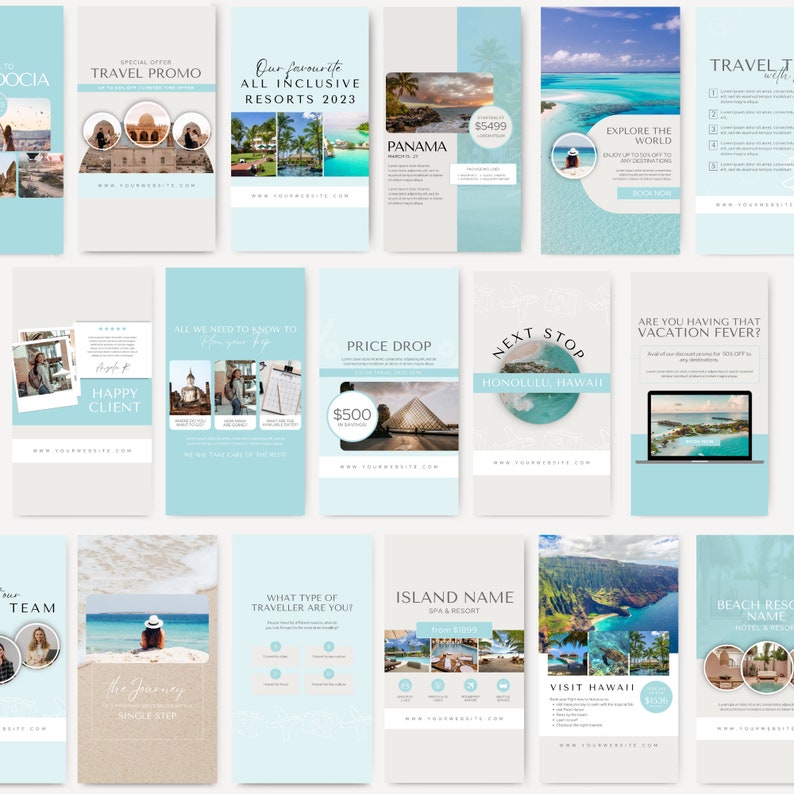 May include: A collection of 12 Instagram story templates for travel businesses. The templates feature a blue and white color scheme with images of beaches, resorts, and travel destinations. The text on the templates includes phrases like "Travel Promo", "Price Drop", "Next Stop", and "Visit Hawaii".