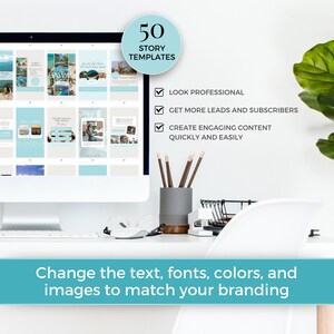 May include: A computer screen displaying 50 story templates for social media. The templates are designed to help users create engaging content quickly and easily. The text on the screen reads "50 Story Templates", "Look Professional", "Get More Leads and Subscribers", "Create Engaging Content Quickly and Easily".