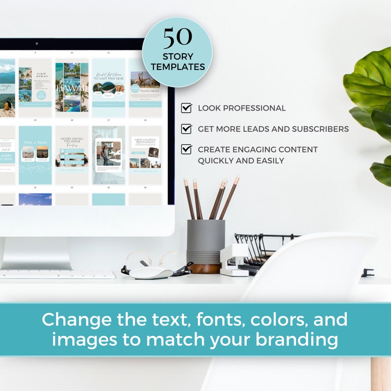 May include: A computer screen displaying 50 story templates for social media. The templates are designed to help users create engaging content quickly and easily. The text on the screen reads "50 Story Templates", "Look Professional", "Get More Leads and Subscribers", "Create Engaging Content Quickly and Easily".