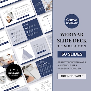 Puede incluir: Una plantilla de Canva para una baraja de diapositivas de seminario web con 60 diapositivas. La plantilla presenta un esquema de color azul y gris con un diseño moderno. El texto "Plantillas de baraja de diapositivas de seminario web" se muestra en un tamaño de fuente grande. El texto "60 diapositivas" se muestra en un tamaño de fuente más pequeño. El texto "Perfecto para seminarios web, clases magistrales, presentaciones, etc." se muestra en un tamaño de fuente más pequeño. El texto "100% editable" se muestra en un tamaño de fuente más pequeño.