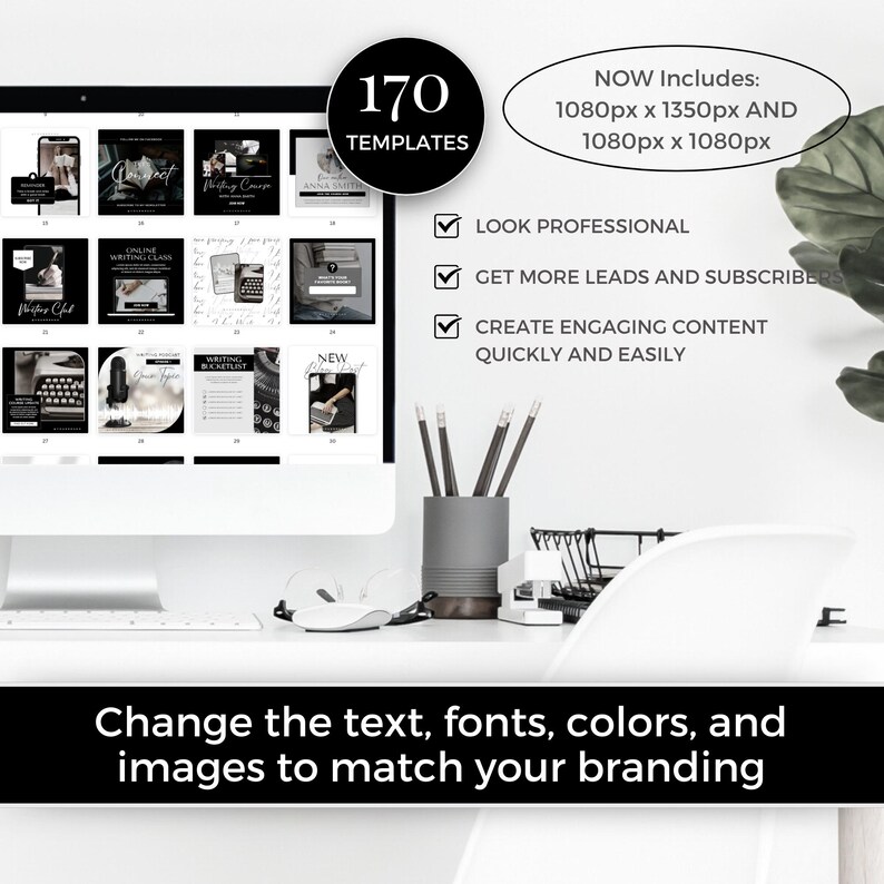 May include: A computer screen displaying a mockup of 170 social media templates in black and white with a typewriter graphic. The text on the screen reads "170 Templates" and "NOW Includes: 1080px x 1350px AND 1080px x 1080px". The text below the screen reads "Change the text, fonts, colors, and images to match your branding".