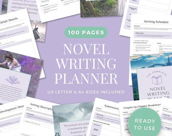 Könnte beinhalten: Ein druckbarer Roman-Schreibplaner in Lila und Weiß mit dem Text "The Complete Novel Writing Planner" und "Ready to Use" in einem Kreis. Der Planer umfasst 100 Seiten und ist in den Formaten US Letter und A4 erhältlich.